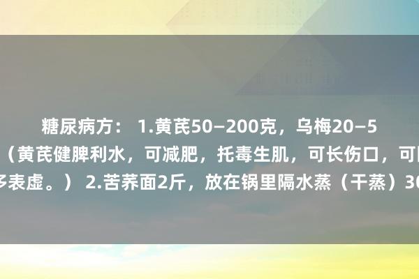 糖尿病方： 1.黄芪50—200克，乌梅20—50克，水煎服，逐日一剂。（黄芪健脾利水，可减肥，托毒生肌，可长伤口，可固表，防治汗多表虚。） 2.苦荞面2斤，放在锅里隔水蒸（干蒸）30分钟，晾干装瓶备用。午、晚饭前各30